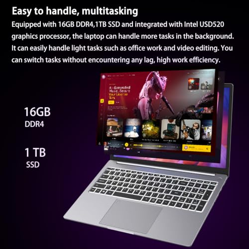 Image of 16-inch touchscreen portable laptop, with high-end all-metal body,16GB DDR4+1TB SSD, N95 quad-core 3.4GHz processor, fingerprint recognition and backlit keyboard,1920x1080, supports WiFi,Win11