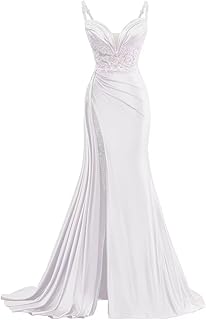 V Neck Satin Prom Dresses Long Mermaid Lace Evening Gown with Slit Pleated Bodycon Formal Dress with Tail