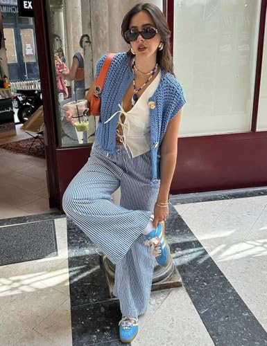 Image of Wyeysyt Sweater Vest Women Sleeveless Crop Knit Cardigan Casual Button Down Cropped Knitted Sweater Vest with Pockets
