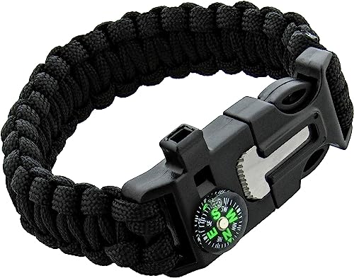 TrekEaze Women Survival Paracord Bracelet-Black Emergency Whistle Hiking Compass Camping Fire Starter Kit Tactical Bracelet (Black)