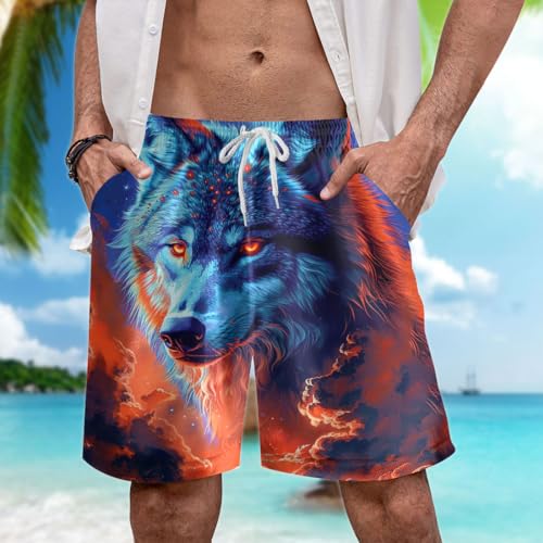 Wolf Lovers Men's Swim Trunks - Mighty Wolf Quick-Dry Hawaiian Swim Shorts for Men Series 052
