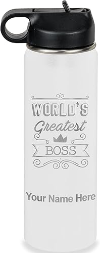 Miniatura 70 de LaserGram Botella de agua personalizada, World's Greatest Boss, acero inoxidable de doble pared aislada al vacío con popote superior, regalo grabado