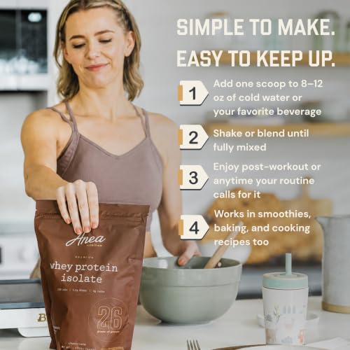 Image of Anea Protein Powder, Whey Isolate Protein Powder, Whey Isolate, 5.8g BCAAs, RBST Free, Gluten Free, Soy Free, No Fillers, No Artificial Sweeteners, Chocolate, 26g Per Serving, 20 Servings
