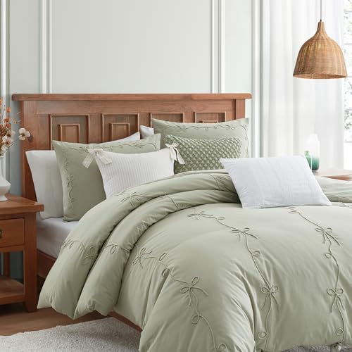 Peri Home Bow Bedding Duvet Cover Cottage Core Vintage Country 100% Cotton 3-Piece Set, Full/Queen, Green Sasha Bows