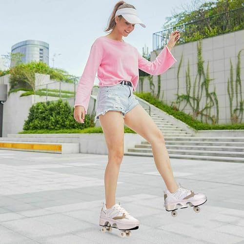 Image of Roller Skates for Women /Girls, Retractable Kick Roller Shoes with Wheels for Men, Outdoor Quad Wheel Rink Skates Adjustable Deformation Sneakers for Adult /Boys