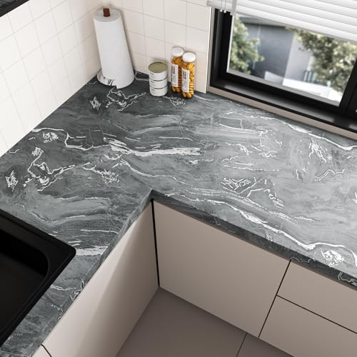 VaryPaper Black Grey Marble Effect Self Adhesive Vinyl Wallpaper 40cmx200cm Removable Contact Paper for Kitchen Countertops Black Marble Vinyl Wrap for Cupboards Worktop Adhesive Table Cover