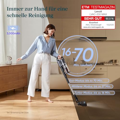 Levoit - Akku Staubsauger - Laufzeit für 100㎡ - Staubsauger Kabellos - Vacuum Cleaner - 99,99 Prozent HEPA-Filter - Selbststehend - Anti Tangle - Für Tierhaare/Teppich/Hartböden/Auto - LVAC-200 MAX - 0