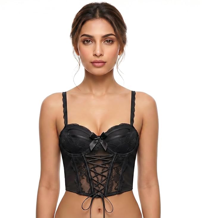 Women's Net Corset Bralette Underwire Padded Push Up Bustier Crop Top | Back-Hook Open, String Lace-Up Front & Back | Bridal Lingerie Bra-image-4
