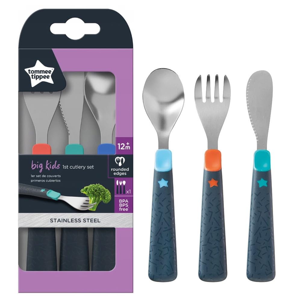 Tommee Tippee Stainless Steel First Cutlery Set, Suitable for 12m+, Kids Cutlery Set with Rounded Edges and Easy to Hold Chunky Handles