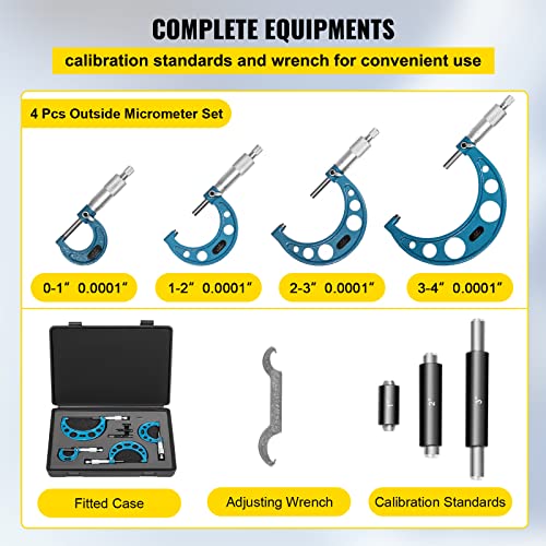VEVOR Buiten Micrometer Set, 0-4" Metrisch Buiten Micrometer, 0,0001" Buitendiameter Micrometer Set, 4-delige Beugelmeetschroef, Legering Externe Micrometer Set, Lasergeëtste Set met Passende Koffer - Image 4