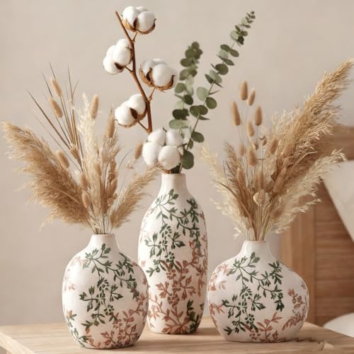 Small Ceramic Vase Set of 3,Bulk Mini Bud Vases for Flowers and Pampas Grass,Cute Boho Ellipse Home Decor for Coffee Table Centerpieces,Living Room,Office,Bookshelf,Entryway Decor (Green Floral)
