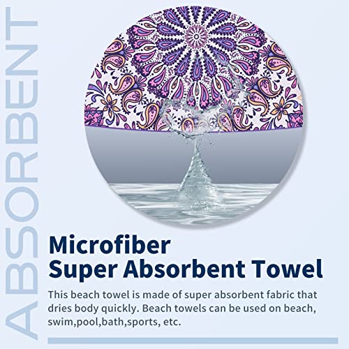 Microfiber Sand Free Beach Towel-Quick Dry Super Absorbent Lightweight Thin Oversized Sand Free Towels Blanket For Travel Pool Swimming Bath Purple Paisley Mandala Flamingo #TOP5