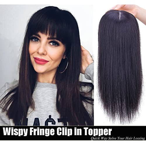3D Wispy Fringe Forehead Hairpiece Clip in Straight Middle Parting Topper for Women With Thinning Hair 35cm Dark Black