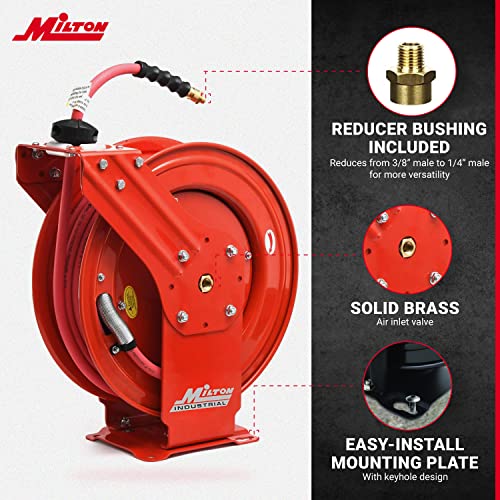 MILTON Strength Air Hose Reel w/Auto- Retractable Steel Dual Arm, 3/8\" MNPT x 50 ft. Hybrid Rubber Hose - 300 Max PSI, Red - 2770-50D