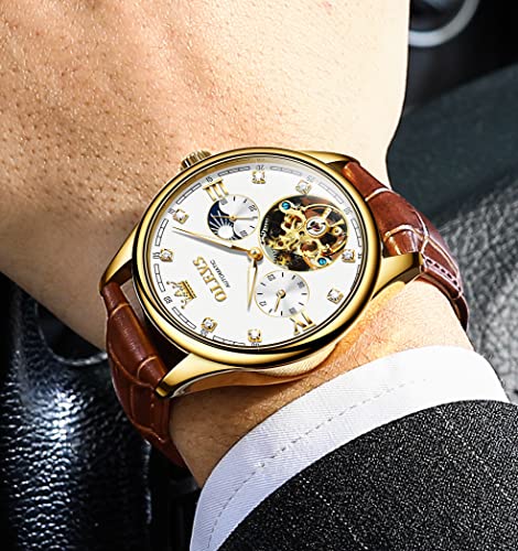 OLEVS Mens Leather Watches Automatic Mechanical Skeleton Tourbillon Diamond Luxury Self Winding Dress Wrist Watches Moon Phase Waterproof Luminous