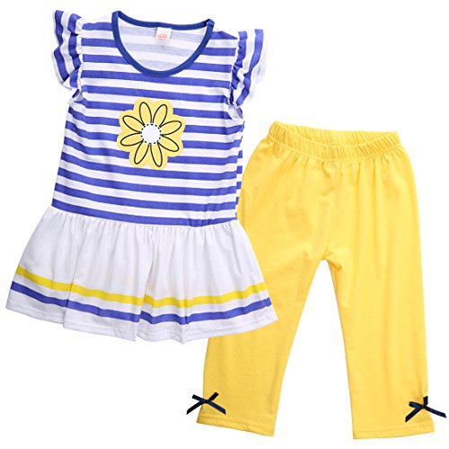 2Pcs Toddler Baby Girls Kids Ruffled Sleeve Striped Flower T-Shirt Tops +Shorts Pants Summer Outfits 1-8 Y (110/4-5Y, Blue+Yellow)