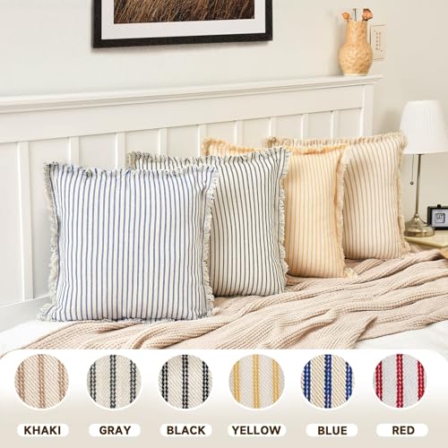 Image of ZWJD Throw Pillow Covers 24x24 Set of 2 Blue Striped Pillow Covers with Fringe Chic Cotton Decorative Pillows Square Cushion Covers for Sofa Couch Bed Living Room Farmhouse Decor, (Blue)