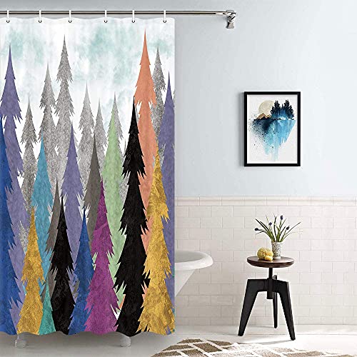 MERCHR Rustic Tree Shower Curtain, Colorful Mountain Forest Print Fabric Bathroom Shower Stall Curtain, Hotel Quality, Machine Washable Fabric 36 X 72 Inches Small Stall Size
