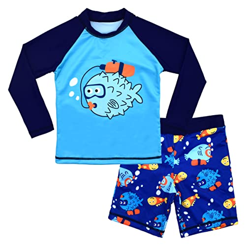 Image of Kids Short Sleeve Sunsuit Swimwear Boys Two Piece Rash-Guard-Sets Dinosaur Pattern