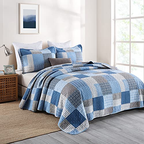 Image of PANGUSHAN King Size Quilt Set,100% Cotton King Quilt Bedding Set Bedspread,Patchwork Plaid Quilt Bedspreads for King Bed,Navy Blue /Blue Reversible Lightweight Comforter Bed Set,All Season,3 Pieces
