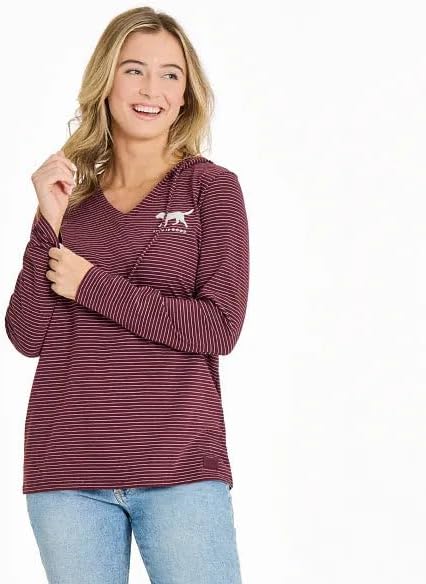 Life is Good Women's Dog Walking Long Sleeve Striped Crusher-LITE Hooded Tee, Deep Burgundy