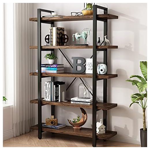 5-Tier Industrial Style Solid Wood Bookcase and Book Shelves,Rustic Wood and Metal Shelving Unit， Living Room,Modern Rustic Open Industrial Book Shelf Office,Distressed Brown (AY-02-5Tier)