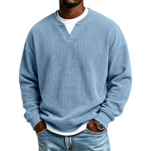 Corduroy Shirt Men V Neck Retro Faux Layered Mens Fall Dress Shirts - image 2