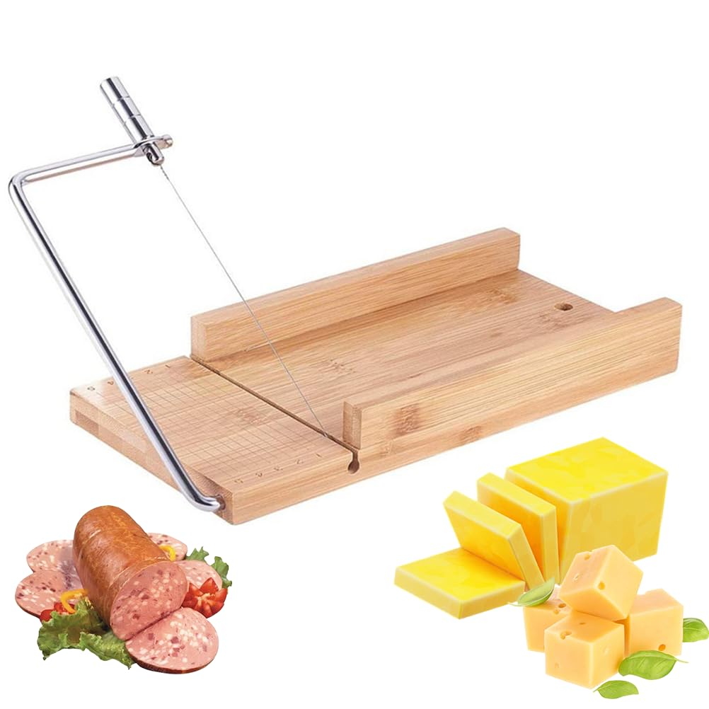 Cheese Slicer Cutter, Wooden Cheese Cutter Board with Wire & Grid Scale Lines, Multifunctional Food Butter Slicer for Block Cheeses Butter Sausages, Ham