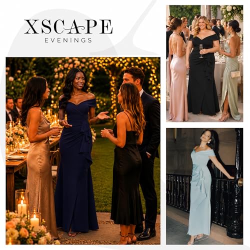 Image of Xscape Women's Long Off-the-Shoulder Sweetheart Neckline Formal Evening Gown with Ruching and Draped Ruffle Detail