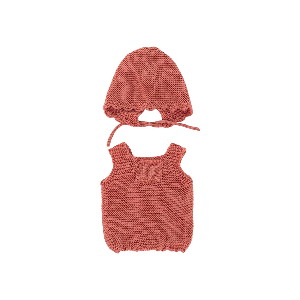 Miniland - Set di biancheria a maglia riciclata per bambole da 32 cm Miniland Dolls - Tutine e cappuccio corallo