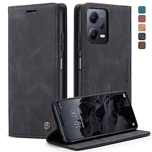 owlhold Hülle Xiaomi Redmi Note 12 Pro 5G Klapphülle Premium Lederhülle Weiches Vintage-Nubukleder Faltbare Ständer Schutzhülle Kartenfach Handyhülle Redmi Note 12 Pro 5G/Poco X5 Pro 5G -Schwarz