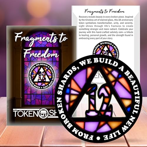 Image of Stained Glass 12 Year AA Chip Sobriety Coin Medallion, Fragments to Freedom Alcoholics Anonymous Addiction Recovery Anniversary Token, Inspirational Sober Gifts for Men and Women by the Token Shop