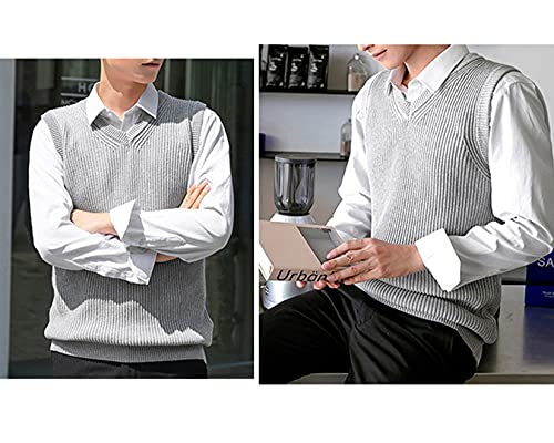 Suéter masculino colete de algodão waffle malha xadrez gola em V retrô sem mangas pulôveres, Cinza,
