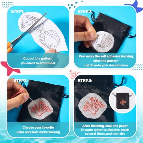 Image of Spritewelry 64 Pcs Water Soluble Embroidery Patterns Jellyfish Koi Fish Shell Conch Stick and Stitch Embroidery Paper Wash Away Sea Animal Embroidery Transfer Paper Stabilizers for Hand Sewing