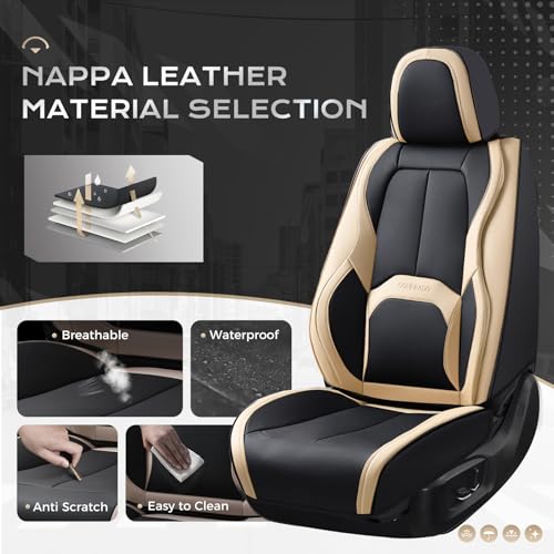Image of Coverado Seat Covers, Premium Nappa Leather Car Seat Covers Front Seats, Waterproof Car Seat Protector with Lumbar Support, Front Driver Seat Covers Universal Fit for Most Cars (Black&Beige)