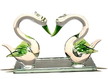 MARBOGLASS India Loving Bird Crystal Glass Swan Pair Handcrafted for Home Decorative Show Piece Items (10 cm, Green, Aqua)