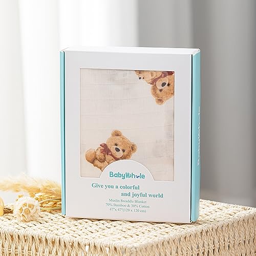 Image of BabyWhale Muslin Swaddle Blanket with Hat and Headband Bow, Bear Pattern Swaddle Set for Baby Boys ＆ Girls, Newborn Breathable Receiving Blanket Wrap, Large 47x47 inches