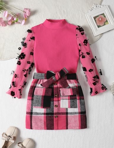 Image of Toddler Girl Clothes Girls Outfits Flare-lace Sleeve Top and Plaid Skirt Dress Fall Winter 2Pcs Girls Clothes 5-12T