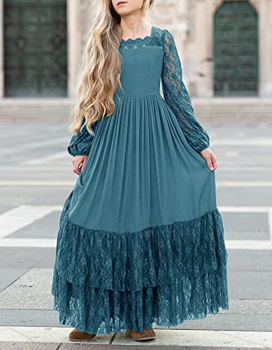 Mitilly Girls Boho Long Sleeve Backless Lace Flower Square Neck Tiered Ruffle Swing Party Maxi Dress 8 Years Teal #TOP3