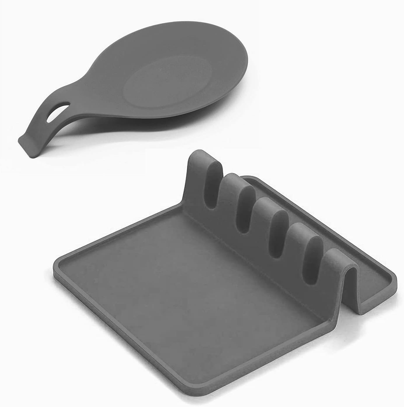 Silicone Utensil Rest with Drip Pad for Multiple Utensils, Large Spoon Holder Rest for Ladle, Spatula, Tongs, Fork - Set of 2 (Grey)