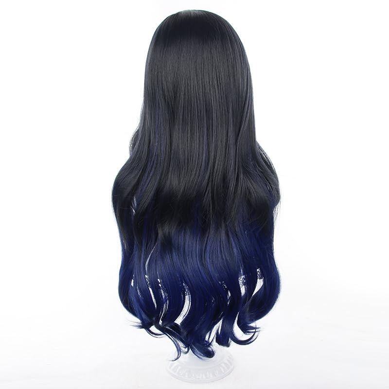 Miniatura 5 de Pelucas largas de cabello negro y azul mezclado con flequillo para fiesta de Navidad de Halloween para mujeres
