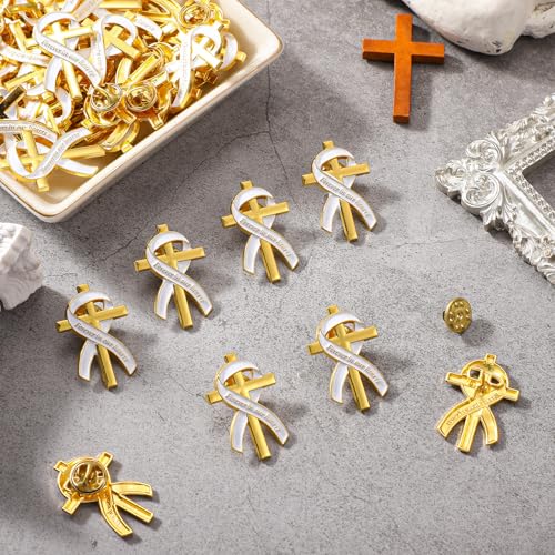 Image of Misdary Funeral Favors for Guests Funeral Memorial Pin Cross Ribbons Forever in Our Hearts Lapel Brooch Pin for Religious Christian Celebration of Life Mourning Remembrance Day