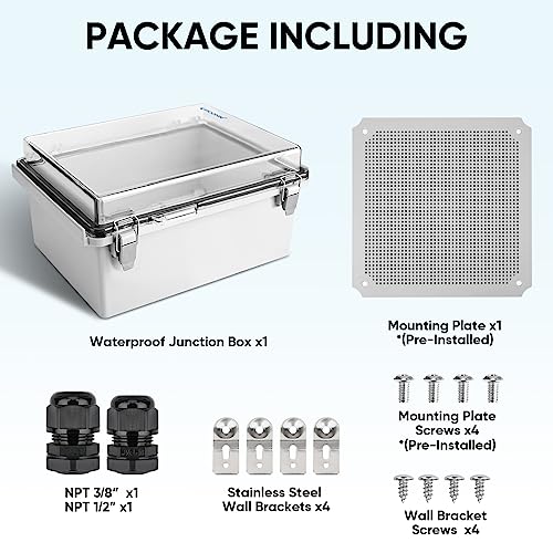 Image of TICONN Outdoor Electrical Box Waterproof, Junction Box IP67 ABS Plastic Enclosure with Hinged Cover with Mounting Plate, Wall Brackets, Cable Glands (Clear, 11.8 inchx11.8 inchx7.1 inch)