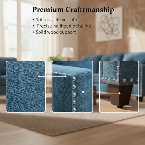 Image of Sofa and Loveseat Set, Linen Living Room Set with Nailhead Trim, 3 Piece Living Room Furniture, Modern 3-Seater Sofa + 2-Seater Loveseat + Accent Chair Sets, for Home Office, Blue