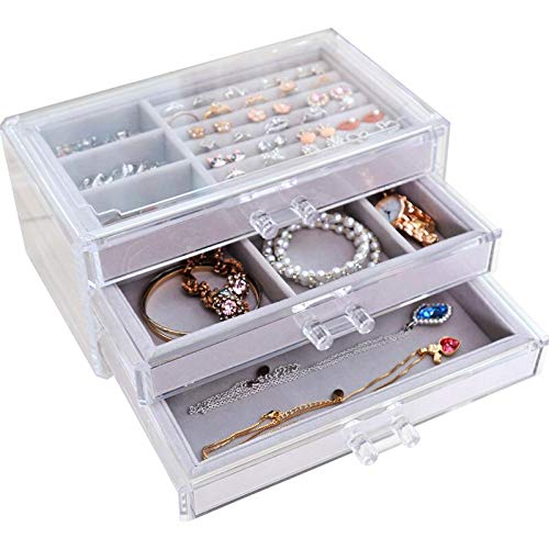 Iyana Jewelry Organizer for Women and Girls, with 3 Drawers, Velvet Jewelry Box for Earring Bangle Bracelet Necklace and Rings Storage Clear Acrylic Jewelry case. Perfect for Gifts!