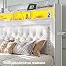 Homkdom Floating Bed Frame Queen with LED Lights & Charging Station, Upholstered Platform Bed with Velvet Storage Headboard, Heavy Duty Metal Slats/No Box Spring Needed/Noise Free/Easy Assembly, Beige