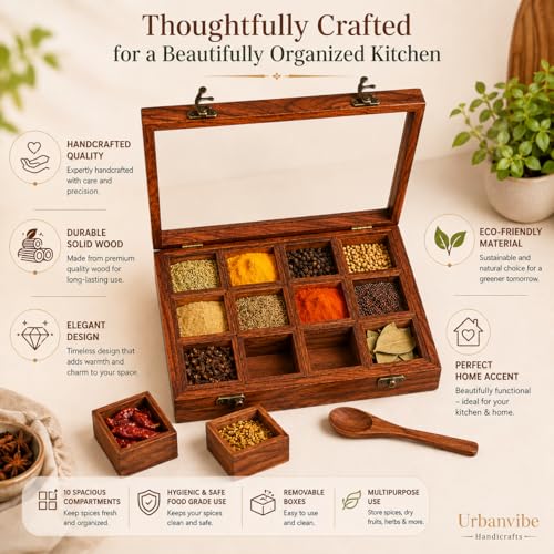 Image of Wooden Spice Box with 12 Removable Compartments|Handmade Masala Dabba for Kitchen Storage | Premium Wooden Spice Organizer with Transparent Glass Lid | Multipurpose Storage Box