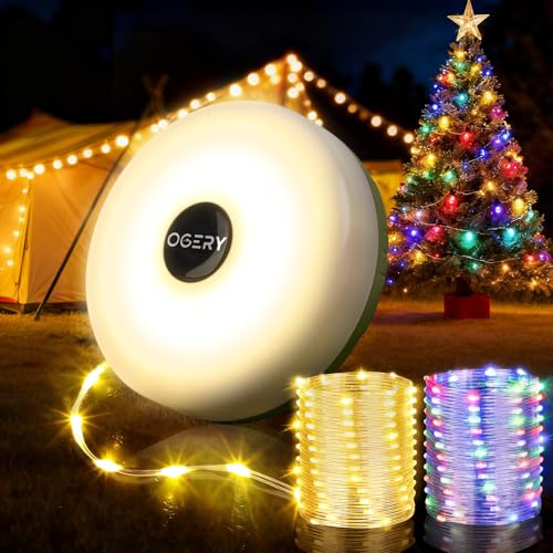 OGERY Christmas String Lights Outdoor/Indoor, 32.8FT Camping String Lights Battery Operated, 8 Modes 4-in-1 Quick Storage Fairy Lights Portable Lamp for Xmas Tree Decor Party Camping Essentials