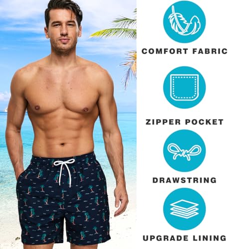 Image of Mens Swim Trunks Compression Liner No Mesh Swimming Trunks Men Swimwear Quick Dry Above Knee Zipper Pocket Swim Shorts
