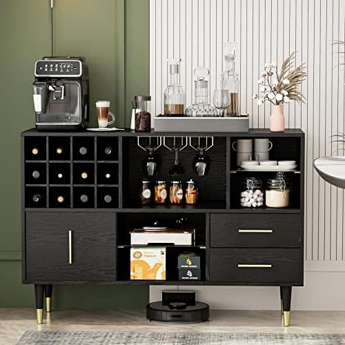 IKIFLY Accent Kitchen Sideboard Buffet Cabinet with Storage, Wood Bar Cabinet Server Cupboard with 12 Wine Bottle Rack, Stemware Holder and Drawers, for Kitchen Dinning Room Living Room - Black